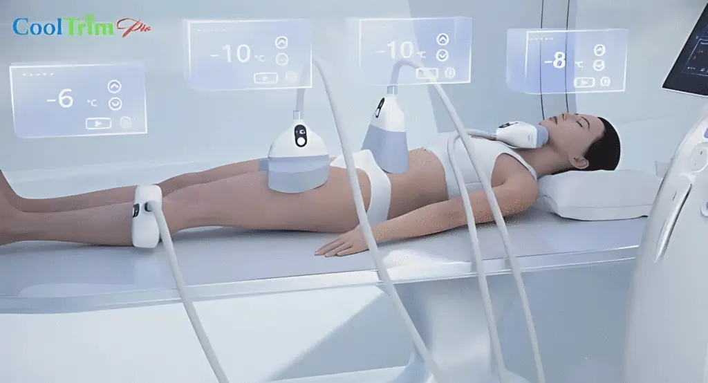 a woman lying on a table with a device attached to her body